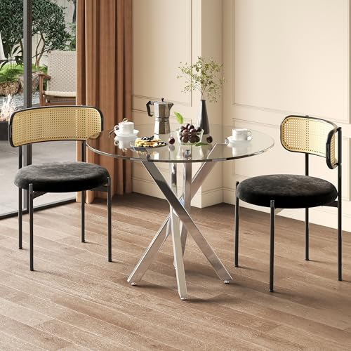 Kebnor Esstisch-Set (inkl. Esstisch und 2 Stühlen), 80 * 80 * 75 Tischplatte aus gehärtetem Glas, moderner Esstisch, verzinkte Tischbeine, Couchtisch, Esszimmerstühle, Silberne Tischbeine (Schwarze)