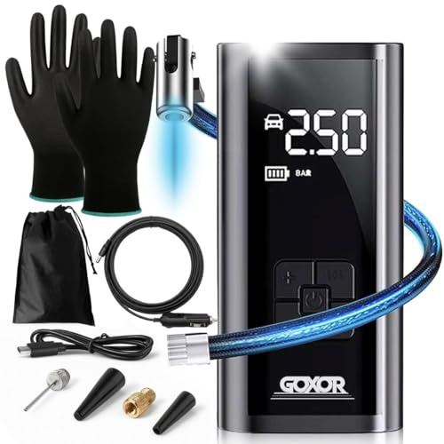 Compresseur à Air Portatif - Gonfleur Pneus Voiture Sans Fil, Kit Complet avec Gants, Batterie Puissante 6000mAh SUV, Moto, Trottinette Electrique,Vélo, Ballon, Gonflage Rapide, Facile D'utilisation