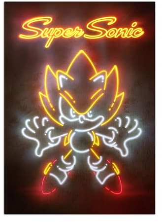 Displate Metallposter Sonic the Hedgehog - Classic Neon - Super Sonic Neon Glow Plakat - Wandbilder Bilder Deko Schlafzimmer - Geschenk - Wanddeko Metall Poster 32 cm x 45 cm