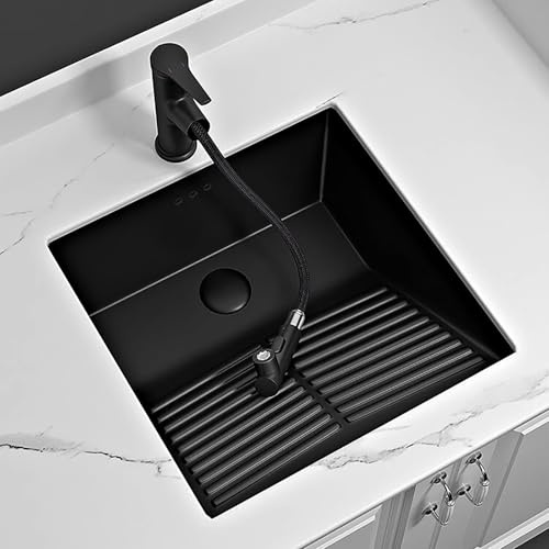 Unterbau Keramik Waschbecken mit Waschbrett, Aufsatzwaschbecken Bad mit Ausziehbarer Armatur, für Balkone, Waschküchen und Badezimmer(47x47cm/18.5x18.5in)