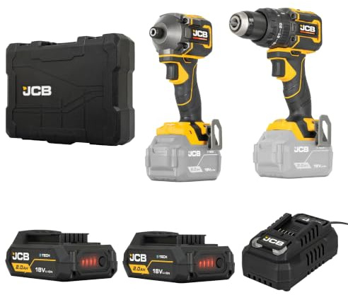 JCB Pro 18V Brushless Twin Pack - Combi Drill (75Nm) & Impact Driver (230Nm) - Includes 2X 5.0Ah High Capacity Batteries, 4.5A Fast Charger & Hard Case - Cordless Power Tool Set - 3 Year Warranty