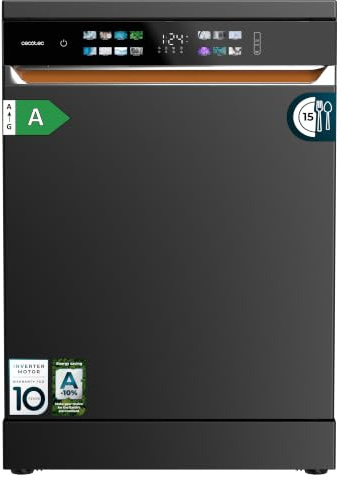 Cecotec Lavavajillas Independiente de 60 cm Bolero Aguazero 6900 Dark. 15 Cubiertos, 8 Programas, Clase A, Motor Inverter Plus, Pantalla FullColor XXL, Auto Open y Turbo Dry+, Dual Zone Wash, Dark