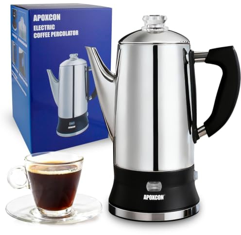 APOXCON Electric Coffee Percolator, Stainless Steel, with Glass Knob, Automatic Keep Warm, Cordless Serve, No Aluminum No Plastic Contact with Beverage (12 Cup)