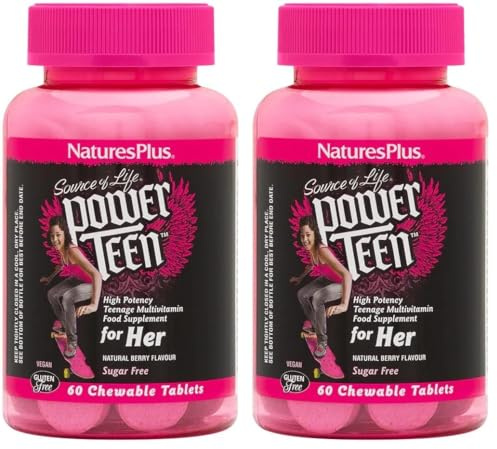 NaturesPlus Source of Life Power Teen for Her - Food Based Chewable Multivitamin Vitamins for Teenagers - Vegan, Gluten Free - 60 Chewable Tablets (Pack of 2)