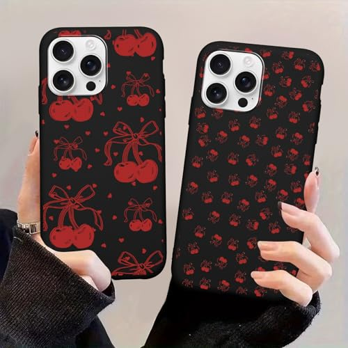 Yoedge 2 Pack Cartoon Cherry Phone Case for iPhone 16 Pro Max 6.9,Cute Kawaii Cherry Bow Pattern Cases Aesthetic Design,Black TPU Bumper Protective Cover for Girls Women
