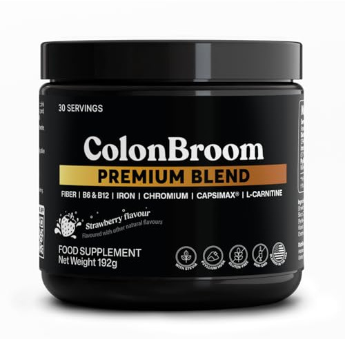 ColonBroom Premium Blend Psyllium Husk Powder, Strawberry, 30 Servings | High Fibre Drink, Vitamins B6, B12 & Chromium, Energy & Normal Metabolism Support, Sugar Free, Vegan, Non-GMO