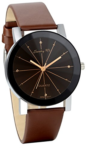 JewelryWe Herren Armbanduhr, Klassisch Analog Quarz Business Uhr mit Braun Leder Armband und Schwarz Runde Zifferblatt, Lieben