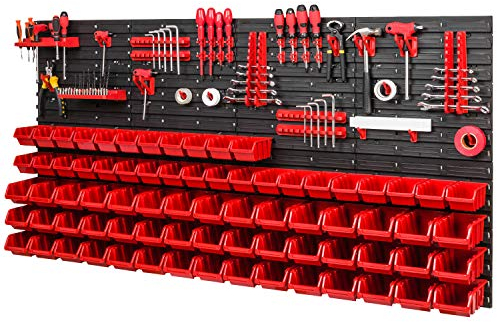 PAFEN Lagersystem - 1544 x 780 mm - Wandregal 75x Rot Stapelboxen und 38 Stück Rot Werkzeughalter | Wandplatten mit Zubehörteile