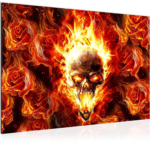Runa Art Bild Totenkopf Blumen Modern Wandbilder Wohnzimmer 1 Teilig - Made In Germany - Flamme Feuer Rot Flur 402315c