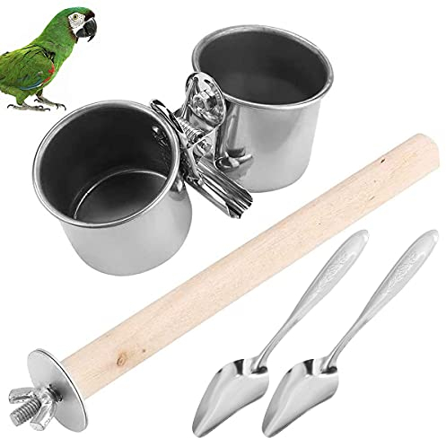 Qixuer 2 Pieces Bird Food Bowl,Stainless Steel Parrot Feeding Cups Animal Cage Water Food Bowl Bird Feeding Dish Cups Bird Feeder with 2 Pieces Bird Feeding Spoon for Cockatiels Chinchilla