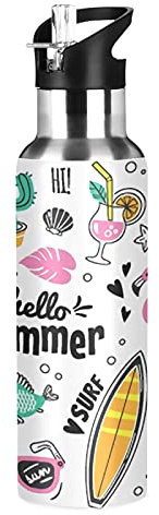 MNSRUU Trinkflasche Isoliert für Mädchen Jungen Hello Summer Edelstahl Wasserflasche mit Strohhalm, 20 oz
