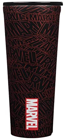 Corkcicle Marvel 24 Ounce Triple Insulated Stainless Steel Travel Cup Tumbler with Lid and Silicone Bottom for Hot and Cold Drinks, Marvel Logo