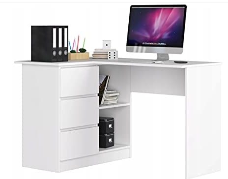 Eckschreibtisch Weiß, 3 Schubladen Links und 2 Regale, viel Platz zum Entfalten. Perfekt für Jugendzimmer, Büros und Ateliers.