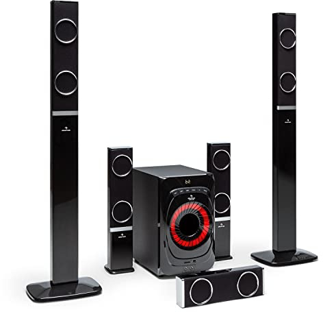 Auna Areal 825 - Sound System 5.1, Impianto Home Cinema 5.1, 200 Watt di Potenza RMS, Subwoofer Home Cinema da 8 + 5 Altoparlanti, Bluetooth, USB, SD, AUX, Telecomando incl., Nero