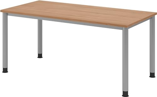 bümö höhenverstellbarer Schreibtisch H-Serie 160x80 cm in Nussbaum, Gestell in Silber - PC Tisch für's Büro manuell höhenverstellbar, Computertisch verstellbar