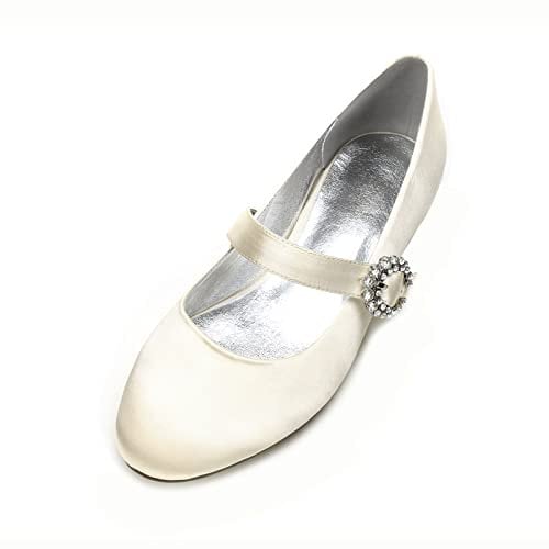 HYMYSUNY Womens Flat Bridal Ankle Strap Shoes Satin Round Toe Wedding Pumps Ivory White Ballet Flats,Ivory,9 UK