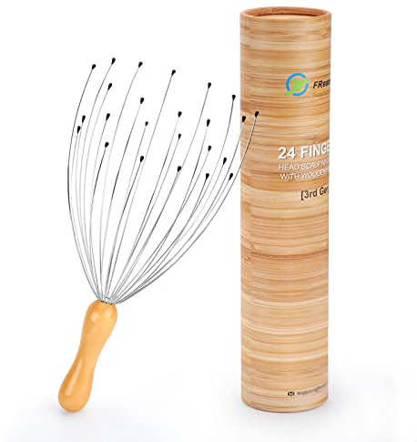 FREATECH Kopf Massagespinne mit 24 Fingern - Ergonomischer Holzgriff, Premium Kopfmassagegerät für Tiefenentspannung und Stressabbau, Kopfkrauler Kopfkratzer zur Kopfhaut Massage und Haarstimulation