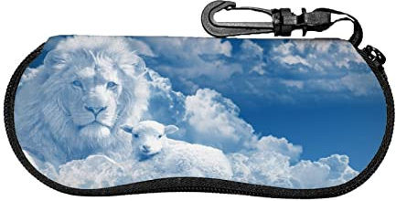 AOOEDM Lamm mit einem Löwen auf den Wolken Sonnenbrillenetui mit Reißverschluss, tragbar, Brillenetui, weich, mit Gürtelclip für Männer, Frauen, Kinder
