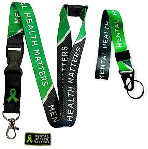 Green Ribbon - Mental Health Matters Awareness Neck Lanyard with Safety Breakaway & Matching Black & Green Pin Badge & Matching Wrist Strap Lanyard