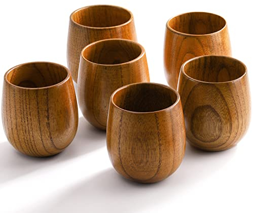 Hiceeden 6 Pack Wooden Tea Cups, 4 Oz Japanese Style Cups Handmade Natural Wood Water Cup for Drinking, Wine, Milk, Coffee