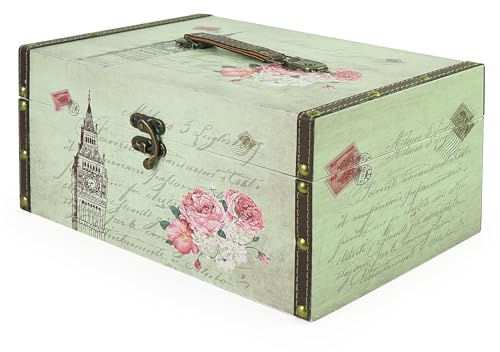DreamsEden Kleine dekorative Aufbewahrungsbox aus Holz mit Griff – Holz Leder Schatztruhe Andenken Vintage Koffer, 30 x 19,8 x 15 cm (Kaffeebraun)