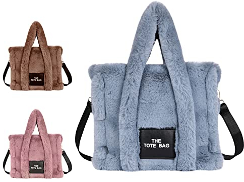 Aucuu Plüsch Tragetasche, Flauschige Tragetasche mit Reißverschluss, Schultertasche, Große Kapazität Umhängetasche, Verstellbarer Schultergurt, für Frauen für Einkaufen, Schule, Reisen, Arbeit