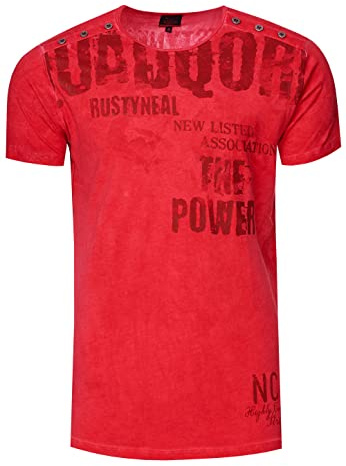 T-Shirt Rundhals Doppelte Knopfleiste mit Großem Front-Print Verwaschen in Used-Look 273