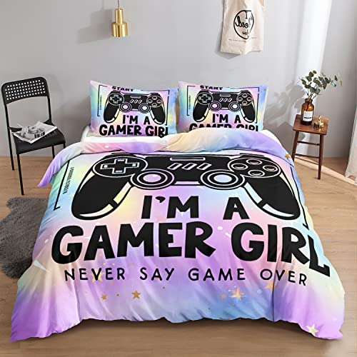 HOSIMA Gamer-Konsole Bettbezug Bettwäsche-Set für Mädchen, Cartoon-Spielekonsolen-Muster, Videospiel-Gamepad, farbenfroher Druck, Bettbezug mit 2 Kissenbezügen (Spielekonsole S)