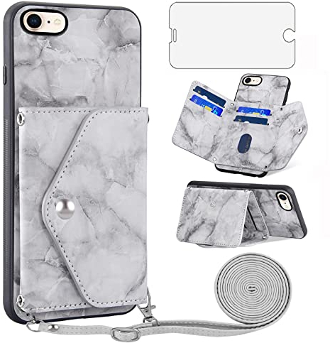 Asuwish Handyhülle für iPhone 7/8/SE 2020 2022 Hülle mit Band und Glas Folie Schutzfolie Klappbar Kette Leder Geldbörse Ständer i SE2020 SE2022 2/2nd 3/3rd Generation 7s 8s 6SE SE2 SE3 Phone Case Grau