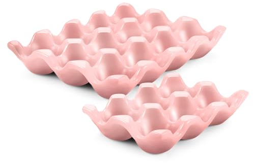 Flexzion Vassoio in ceramica per 12 + 6 uova, 18 portauova in porcellana, contenitore portaoggetti decorativo, per frigorifero, piano di lavoro, cucina, colore: rosa
