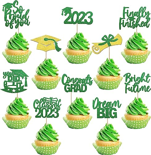 40 Stück Class of 2023 Abschluss Tortendeko Glitzer So Proud of You Diploma Grad Cap Cupcake Toppers 2023 Graduation Kuchen Deko Congrate Grad Torten Dekorationen für 2023 Abschluss Party Grün Gold
