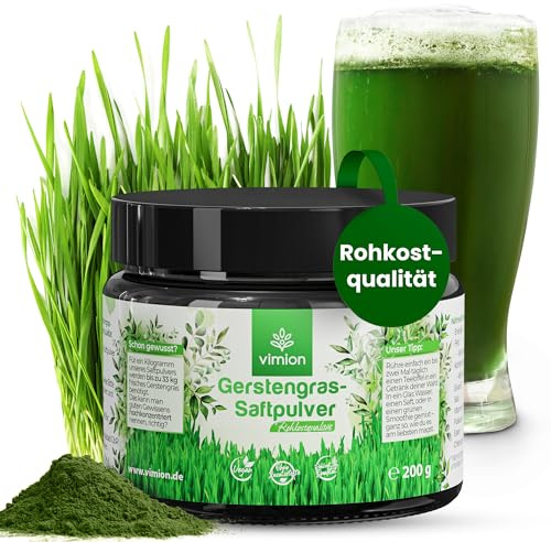 VIMION pures Gerstengras-Saftpulver - 200 g Premium-Rohkostqualität - natürlich reich an Eisen, Folsäure, Vitamin K & Chlorophyll- 100% vegan - Green-Superfood - Plastikfrei im Braunglas