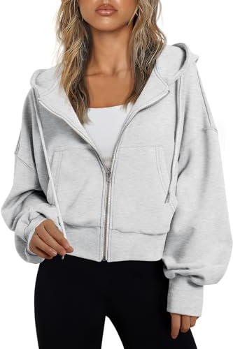Trendy Queen Hoodies for Women Full Zip Up Cropped Sweatshirts Jackets Casual Comfy Gym Tops Fall Outfits Winter Clothes 2026 Cute Y2k Fleece Sweaters Teen Girls Pullover Grey M