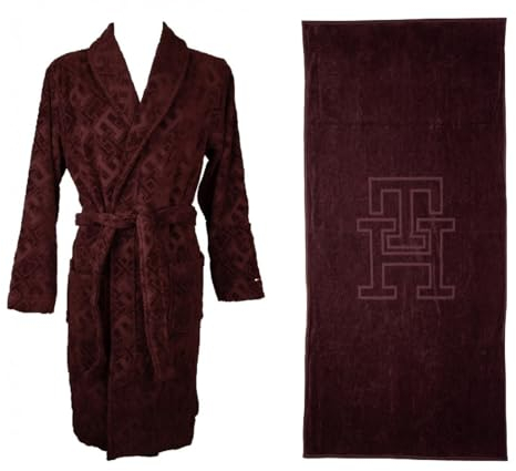 Tommy Hilfiger TH Frottee-Bademantel mit Stoffkragen mit Logo + Handtuch, Geschenkbox, Artikel UM0UM03018, Bademantel und Handtuch, XIH Deep burgundy, M