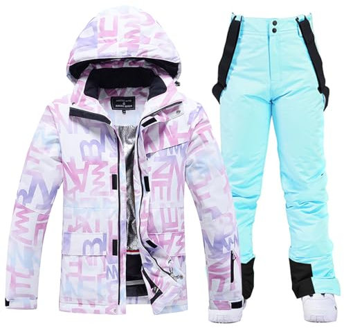 ALSOGO Damen Skijacke & Skihose Set Skianzug 2 teilig Schneeanzug Wasserdicht Schneejacke Winddichte Schneehose mit Abnehmbare Kapuzen Trägern zum Skifahren Snowboarden TY304 Blau XL