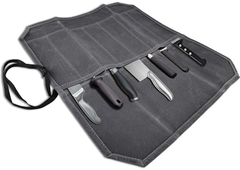 HOMURY Messertasche Kochmesser Rolltasche: Messer-Rolltasche mit 7 Fächern, Gewachstes Canvas-Kochmesser-Koffe Messertasche für Köche Werkzeug-Rolltasche (Grau)