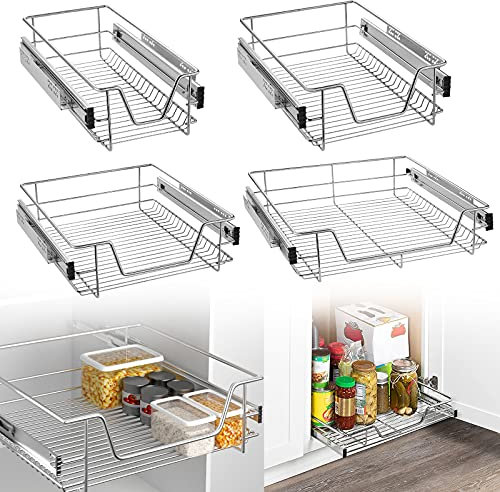 LILIIN 4 Stück Küchen Regal Teleskopschublade Aufbewahrungskörbe mit Schubladenauszüge, Schrankauszug Ausziehbare Ablage, Schrankkörbe Geeignet für 50cm Schränke(Tatsächliche Breite 47cm)
