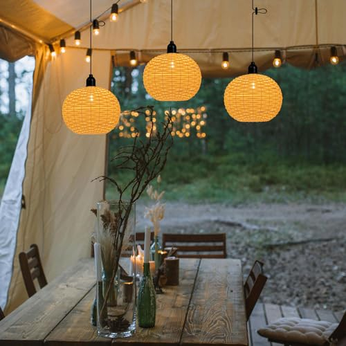 YIKEGE LICHT 3x Boho Rattan Hängelampe mit Batterie Fernbedienung Akku Hängeleuchte Deckenlampe ohne Stromanschluss Außenbeleuchtung Außen Laternen Lampions IP54 Wetterfest für Garten Balkon Pavillon