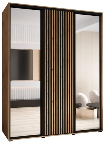MEBLE KRYSPOL Sapporo 2 Moderner Schrank mit DREI Schiebetüren mit Spiegel, Stange, Regalen - Aufbewahrungsschrank für Schlafzimmer, Wohnzimmer - 205,2x200x60 cm - Artisan Schwarz Artisan