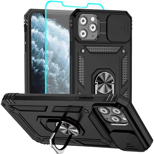 Aozuoton for iPhone 11 Pro Case with Screen Protector：Dual Layer Military Grade Drop Protection Magnetic Ring Kickstand - Camera Lens Protective Phone Case for iPhone 11 Pro black