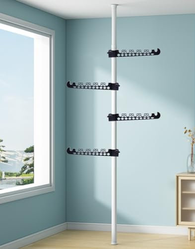 JONASHER 4-Tier Clothes Drying Rack Adjustable Coat Hanger Garment Stand Floor to Ceiling Laundry Pole Tension Rod Storage Organizer for Hanging Clothing, Scarves, Hats, Bags, Purses 110-310cm