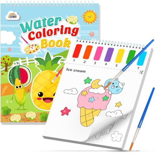 ZMLM Malbuch mit Wasserfarben für Kleinkinder, Lebensmittel Malen mit Wassermalbuch Aquarell-Malpapier Kleine Geschenke für kinder Junge Mädchen ab 3-8 Jahren Unterwegs Magisches Buch Mitbringsel