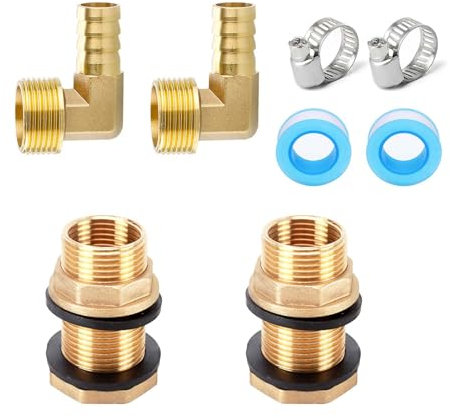 Conector de Tanque de Agua WISIRENT, 2 Piezas Rosca Exterior 1/2 Interior 3/8 de Latón, para Depósito Con 304 Abrazaderas de Manguera, Cinta de Agua