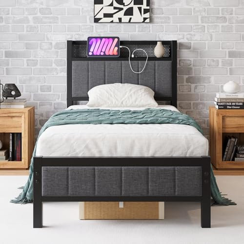 BORPHOM Bettrahmen mit Ladestation Einzelbett Gästebett Metallbett Polsterbett 90x200 Bettgestell aus Metall,Jugendbett mit Lattenrost Kopfteil in Grau,für Schlafzimmer Gästezimmer