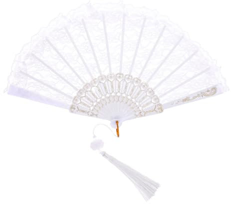 InnoHHustle White Lace Folding Fan Handheld Chinese Folding Fan Hand Fans Foldable White Lace Vintage Style Hand Held Folding Fans for Party Wedding Dancing Decoration