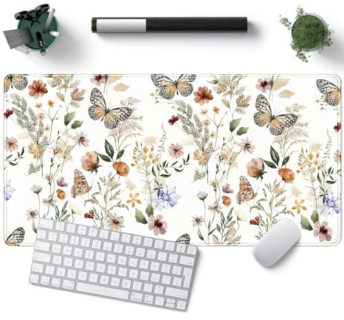 JIMOWANG White Mouse Pad Flower Plant Desk Mat Floral Plant Large Mouse Pad Keyboard Computer White Big Gaming Mouse Pad for Home Funny Office Decor 31.5x15.8in