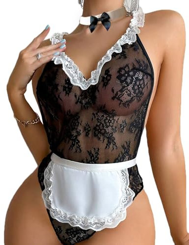 Women Sexy French Maid Costume Teddy Babydoll Lingerie Set Floral Lace Cosplay Outfits Deep V Neck Bodysuit Sheer Naughty Servant Halloween Uniform Fancy Sleepwear with Apron + Necklace 3 Pieces
