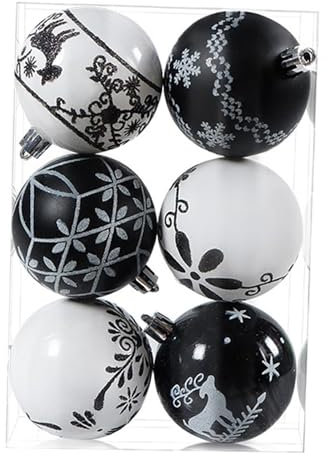 Milageto 6 Stück Weihnachtsbaum-Hängedekorationen, Ornamente, 6 cm, dekorative Weihnachtskugeln, Kugeln für, Veranda, Party, Schwarz-Weiss