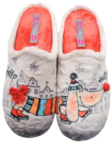 COSDAM - Zapatillas BIORELAX para casa hogar Textil con diseño Animales Perro Salchicha Navideño para Mujer, Color Beige Lona Mujer Color: BEIG-Coral Talla: 38