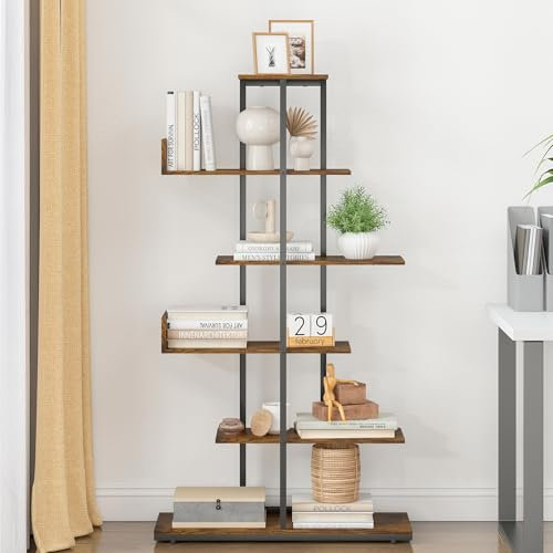 Rebongki Bookcase, 6 Tier Tall Bookshelf with Open Storage Shelf,Industrial Shelving Display Storage Unit,Ladder Shelf,Plant Shelf,Corner Bookcase for Living Room, Home Office,Bedroom,Rustic Brown